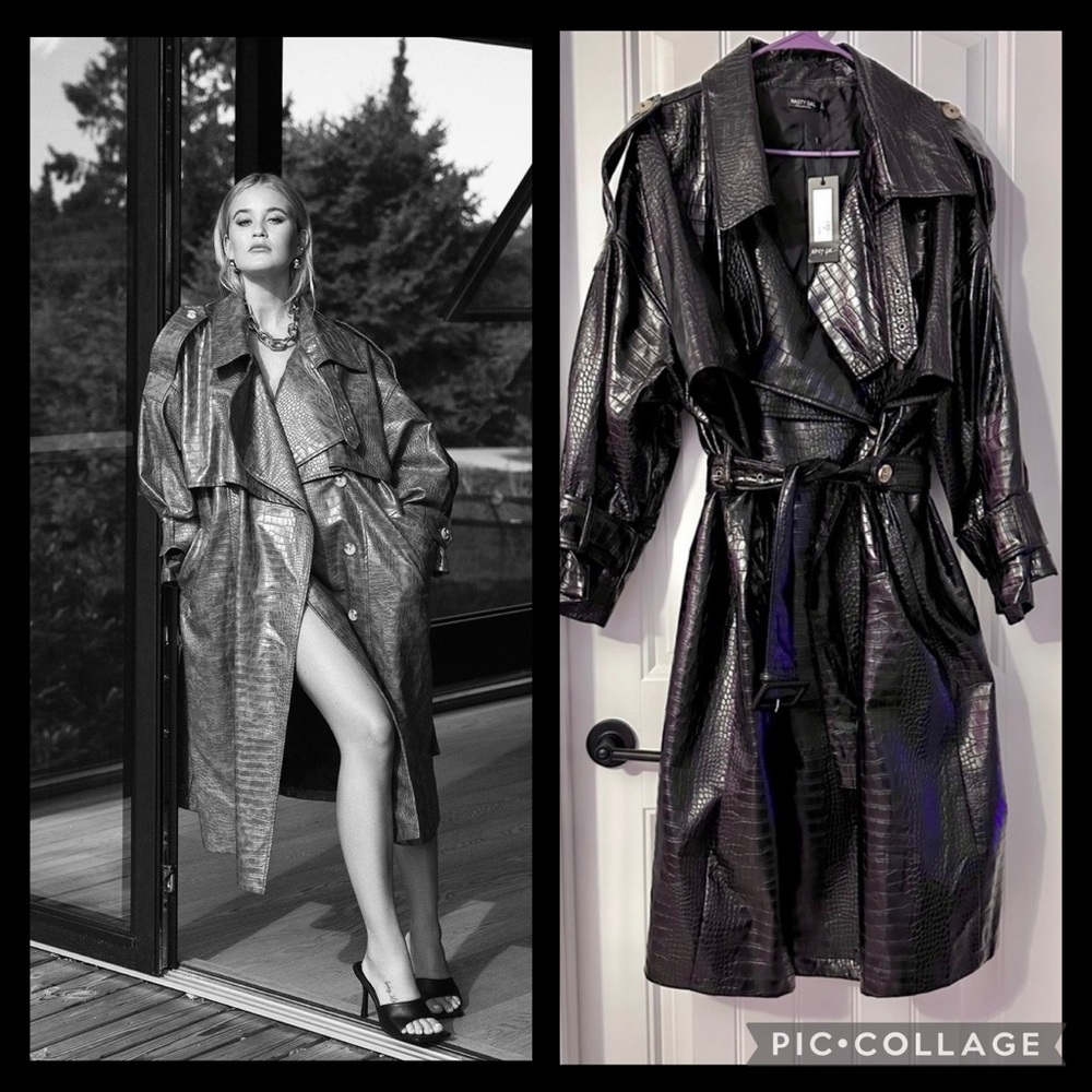 NWT Nasty Gal Oversized Black Croc Faux Leather Trench